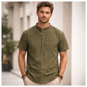 Men’s Army Green Cotton Flax Half Button Lightweight Eco-friendly